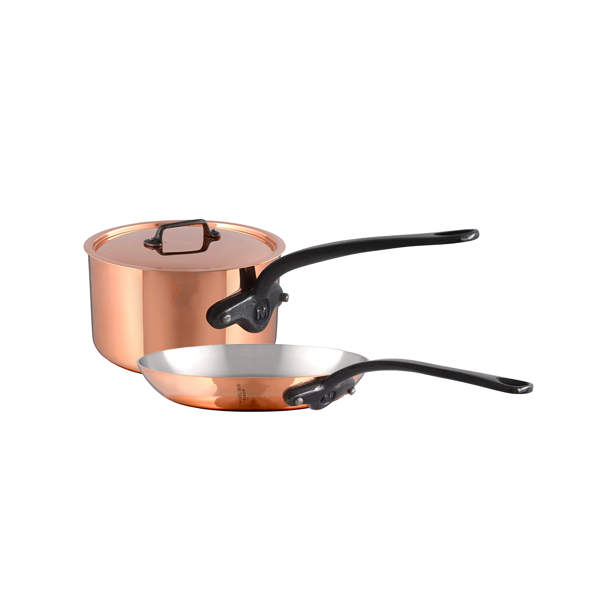 Mauviel M'Heritage copper cookware set with 2.8-quart sauce pan with lid and 11.8-inch cast iron handle frying pan on white background