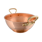 Mauviel M'PASSION copper syrup pan with brass handles, specialty cookware for precise syrup making, shown from a side angle.