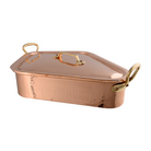 Mauviel M’Tradition hammered copper turbot kettle with tin interior, brass handles, lid, and grid, 19.6 x 15.7 inches.