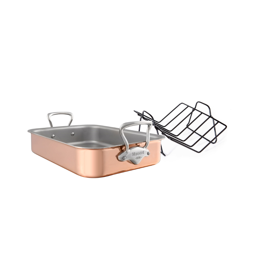 Mauviel copper roasting pan with cast stainless steel handles and rack, measuring 15.7 x 11.8 inches, ideal for oven roasting.