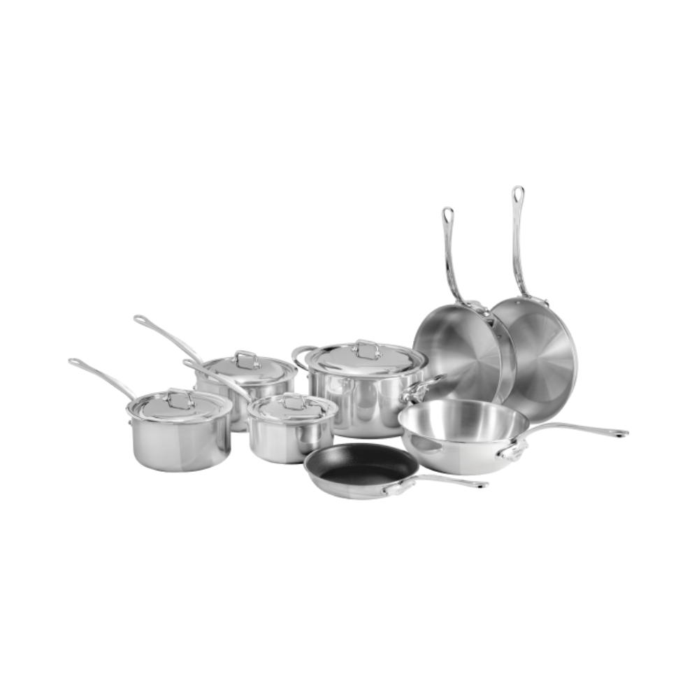 Mauviel M'COOK 12-piece cookware set with 5-ply construction and cast stainless steel handles, includes pots and pans for versatile cooking.