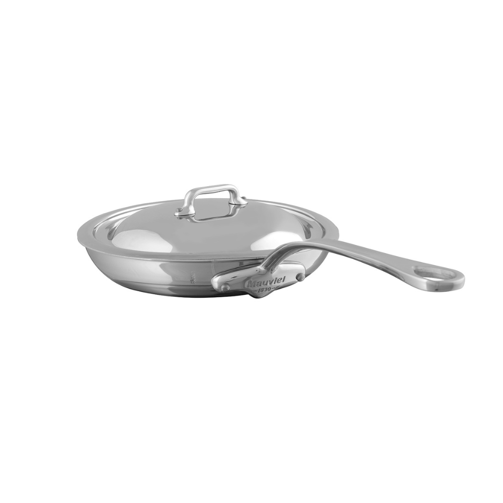 Mauviel M'COOK 11-inch 5-ply stainless steel frying pan with lid and cast stainless steel handle, suitable for versatile cooking.