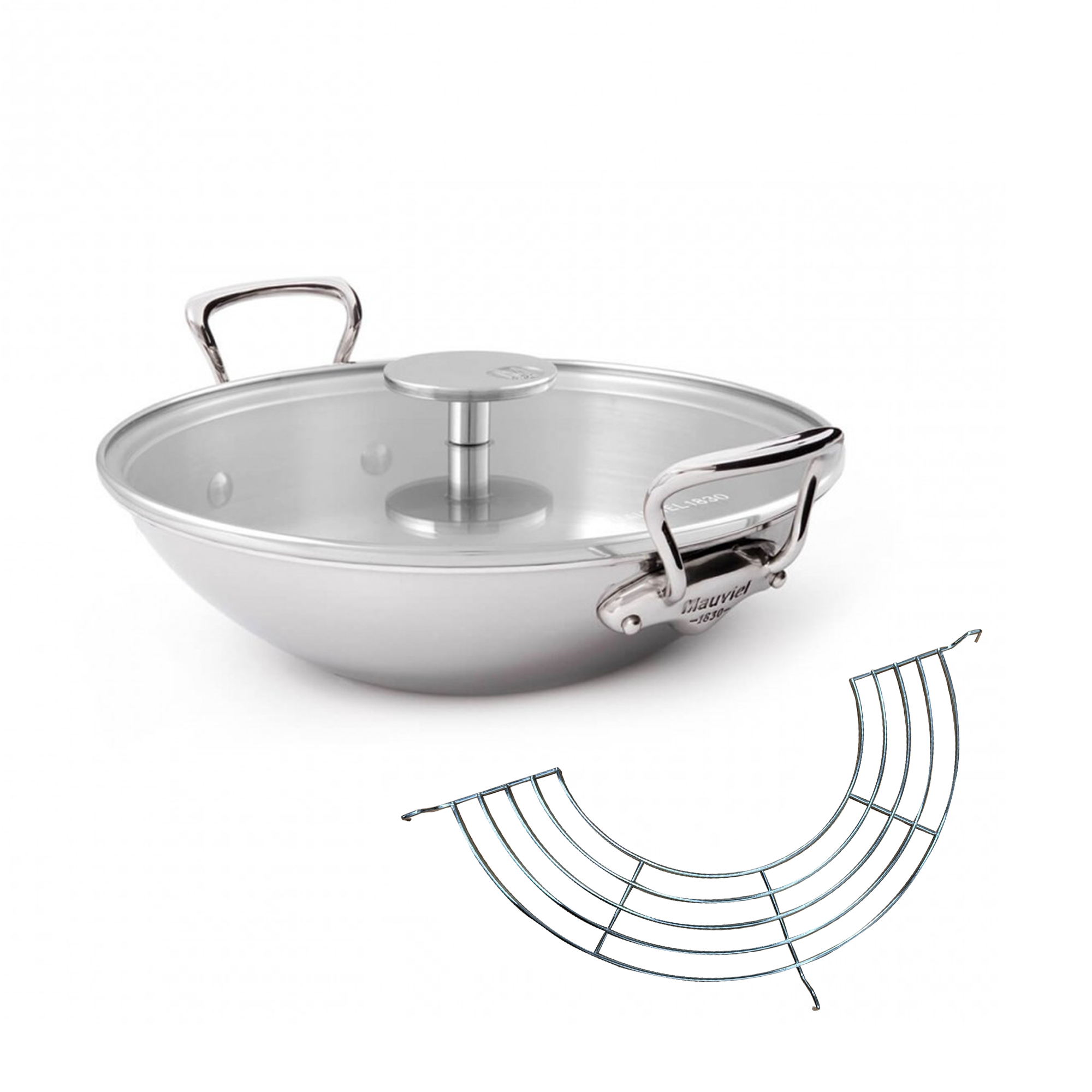 Mauviel M'COOK 5-Ply Wok With Rack, Two Cast Stainless Steel Handles, 12.6-In - Mauviel1830