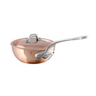 Mauviel M'Heritage M'150 S copper chef pan with curved lid and cast stainless steel handle, ideal for cooking and professional kitchens.