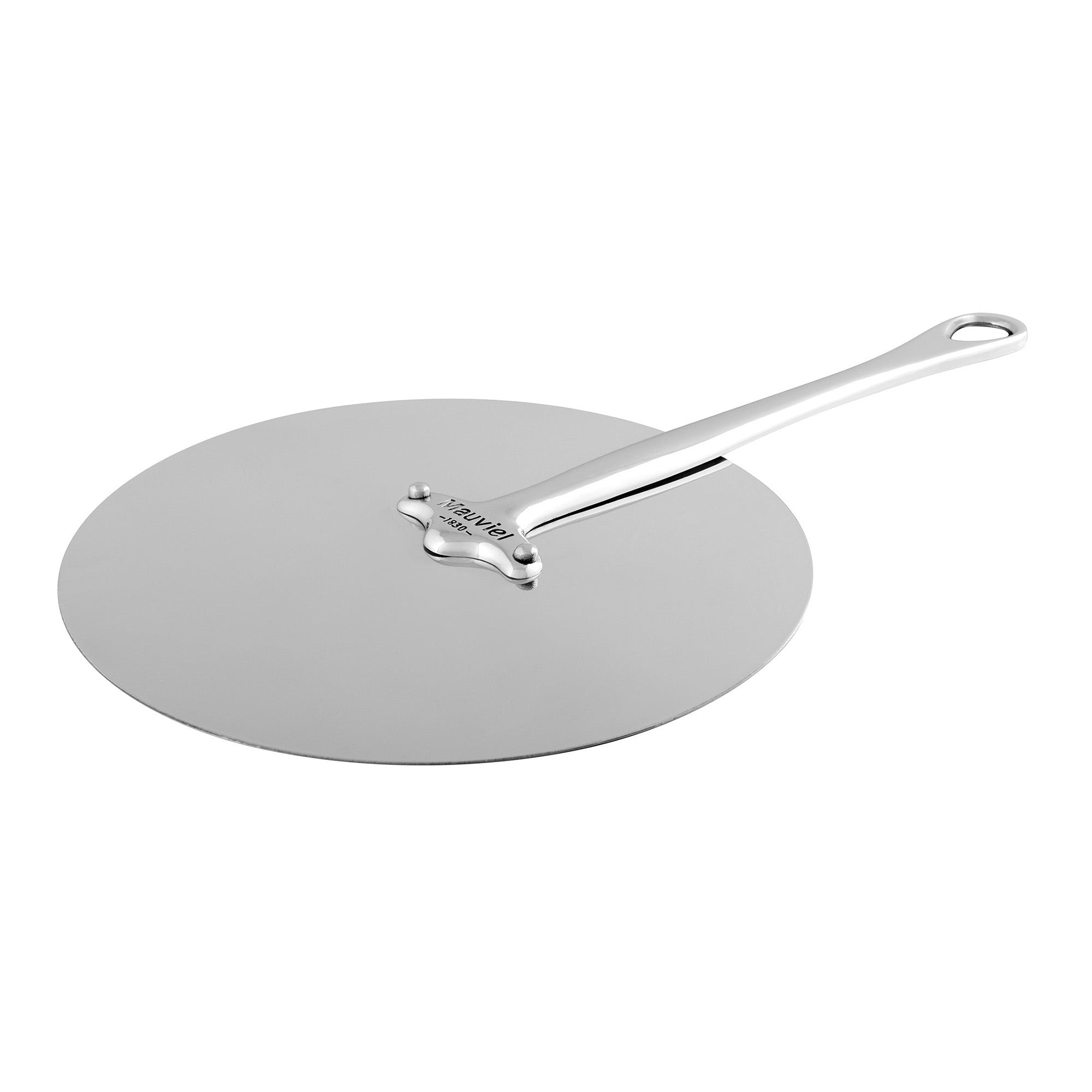Mauviel M'COOK universal lid for pots and pans, 11.4-inch diameter, made of stainless steel with a clear glass top and metal handle.