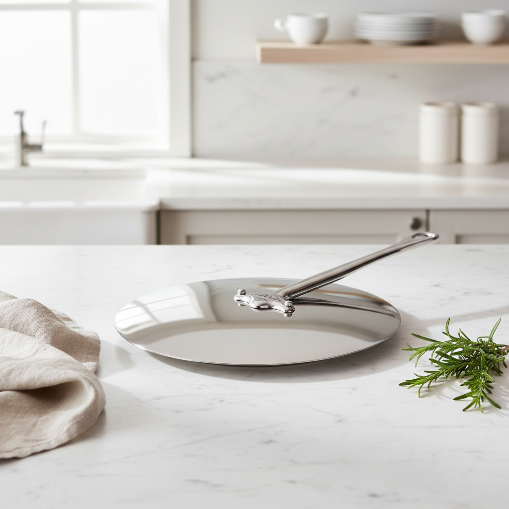 Mauviel M'COOK universal lid for pots and pans, 11.4-inch diameter, made of stainless steel with a polished finish.