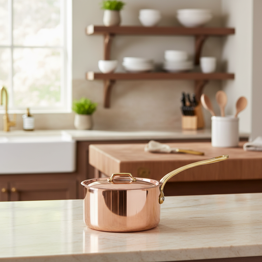 Mauviel M'Heritage M'250 B Copper Sauce Pan With Lid, Brass Handle - Mauviel1830