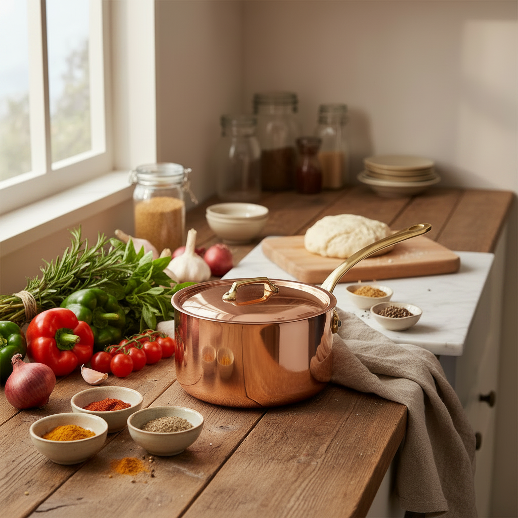 Mauviel M'Heritage M'200 B copper sauce pan with brass handle and lid, showcasing polished copper exterior and sturdy construction.