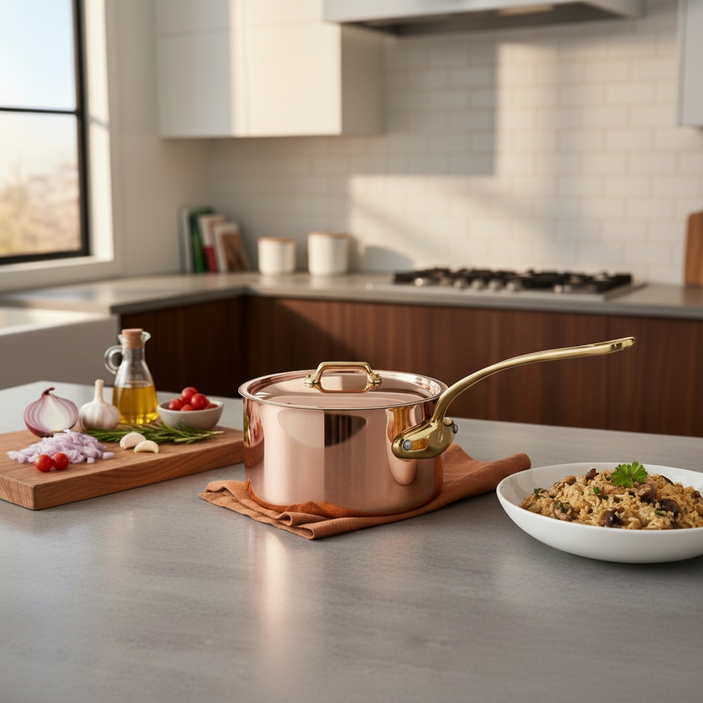 Mauviel M'Heritage M'200 B Sauce Pan With Lid, Brass Handle, 1.8-Qt - Mauviel1830