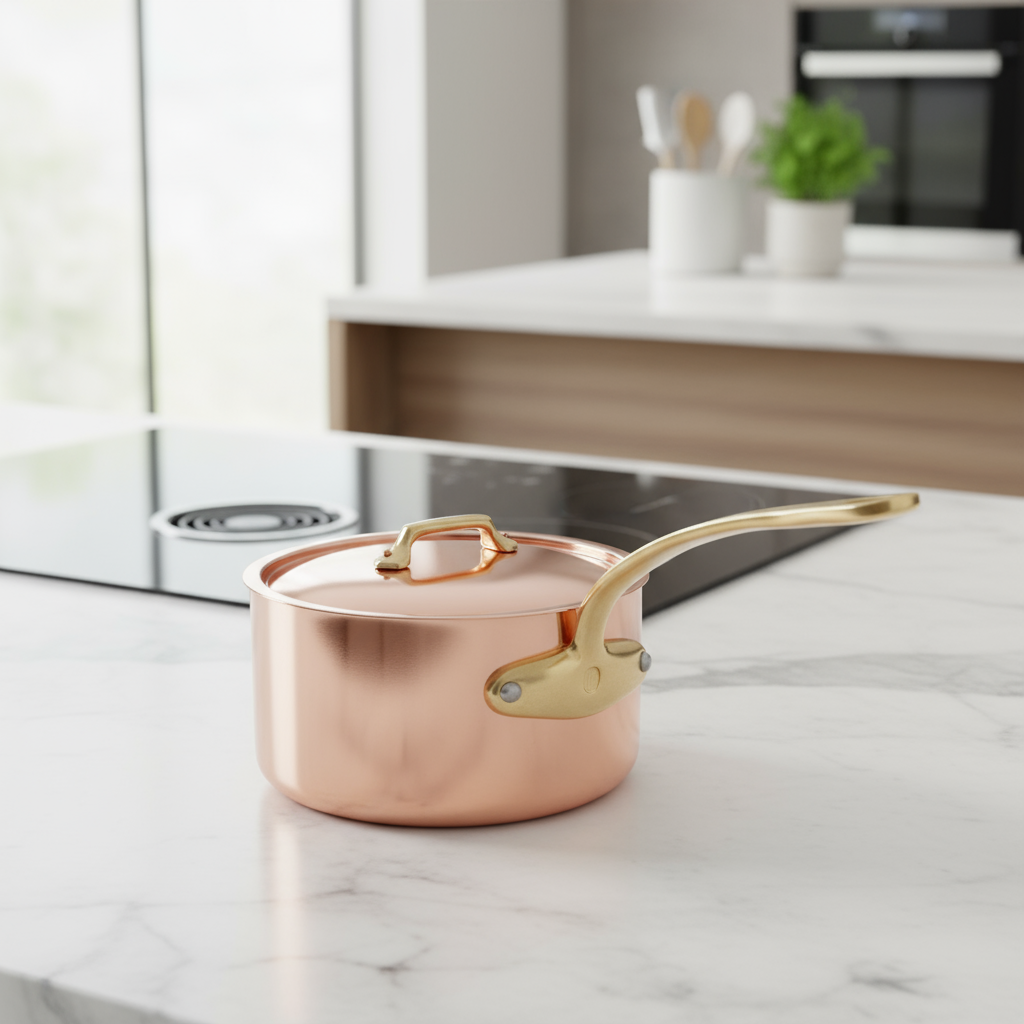 Mauviel M'Heritage M'200 B Sauce Pan With Lid, Brass Handle, 3.3-Qt - Mauviel1830