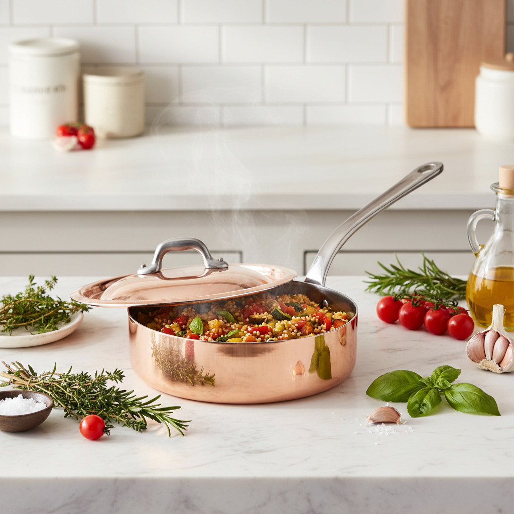 Mauviel M'Heriage M'150 S copper saute pan with curved lid and cast stainless steel handle, ideal for versatile cooking.