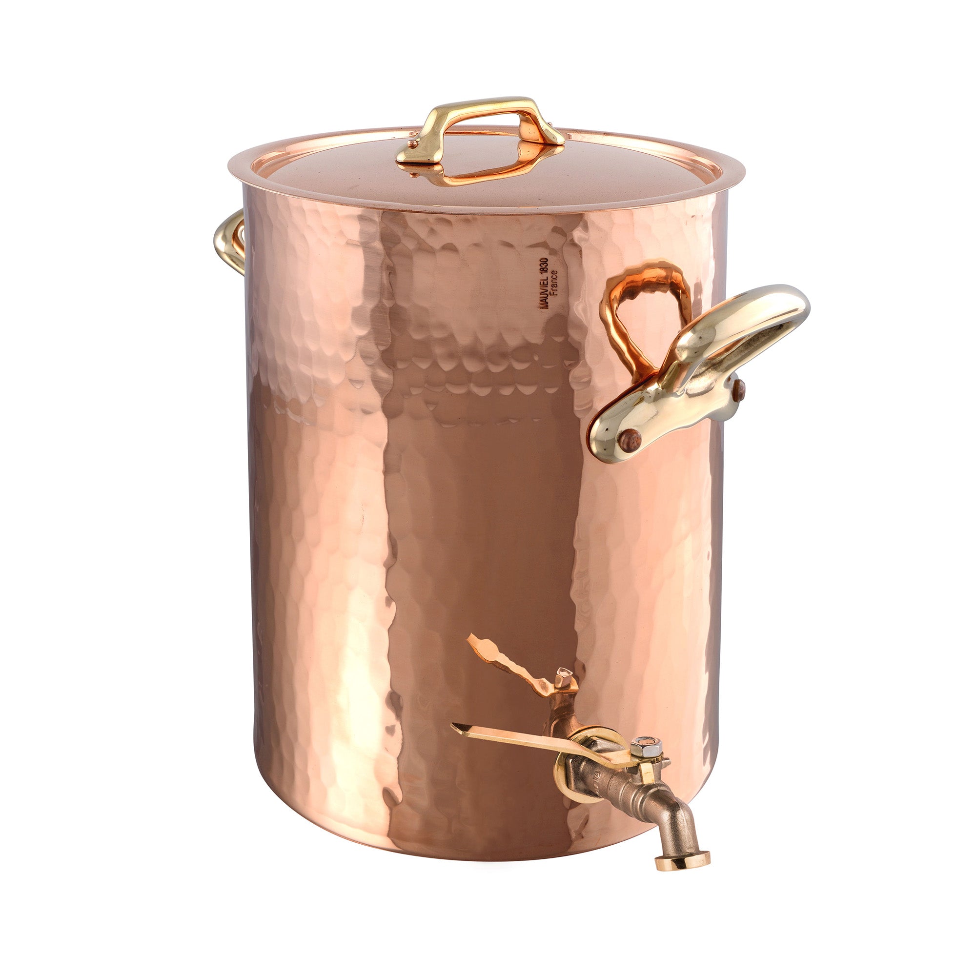 Mauviel M'Tradition Hammered Copper & Tin Inside Soup Station With Tap, Lid & Brass Handles, 11.3-Qt - Mauviel1830