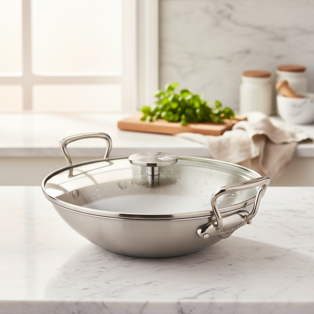 Mauviel M'COOK 12.6-inch 5-ply stainless steel wok with two cast stainless steel handles, ideal for stir-frying and cooking