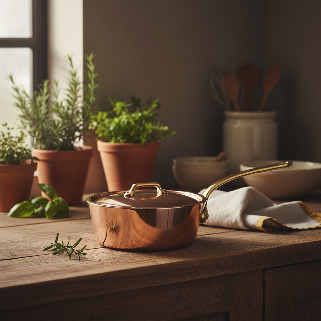 Mauviel M'Heritage M'250 B Copper Splayed Saute Pan With Lid, Brass Handle, 3.6-Qt - Mauviel1830