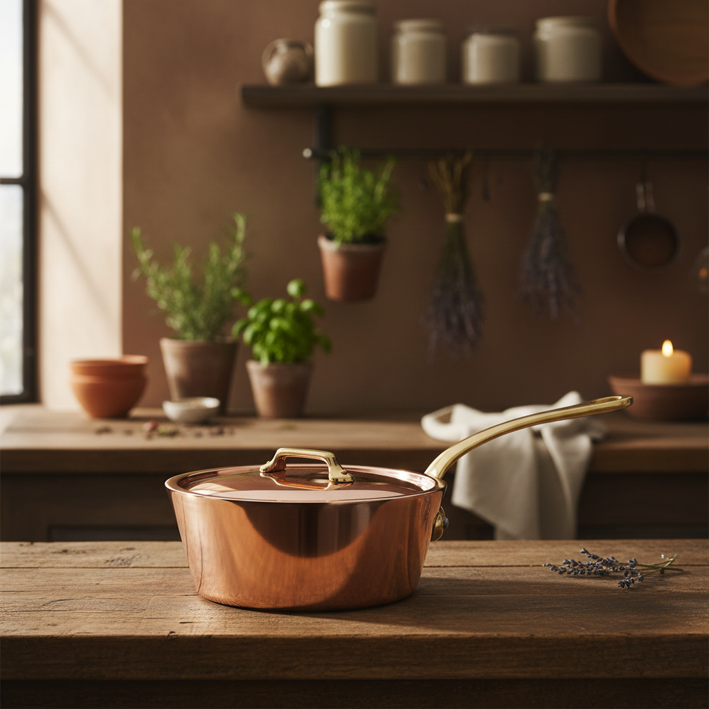 Mauviel M'Heritage M'250 B Copper Splayed Saute Pan With Lid, Brass Handle, 3.6-Qt - Mauviel1830