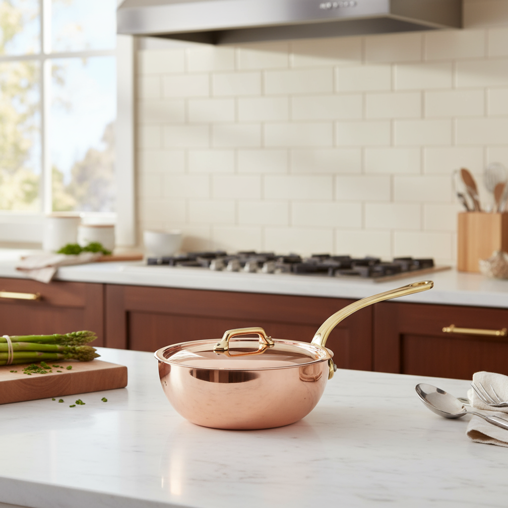 Mauviel M'Heritage M'200 B Chef Pan With Lid, Brass Handle, 3.7-Qt - Mauviel1830