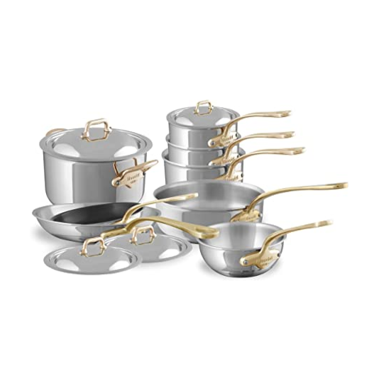 Mauviel M'COOK 12-piece 5-ply cookware set with brass handles, including pots and pans in stainless steel finish.