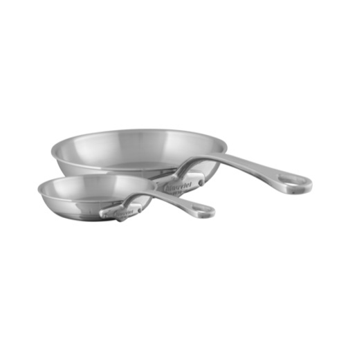 Mauviel M'COOK 5-ply stainless steel frying pan set with two pans and cast stainless steel handles, ideal for versatile cooking.