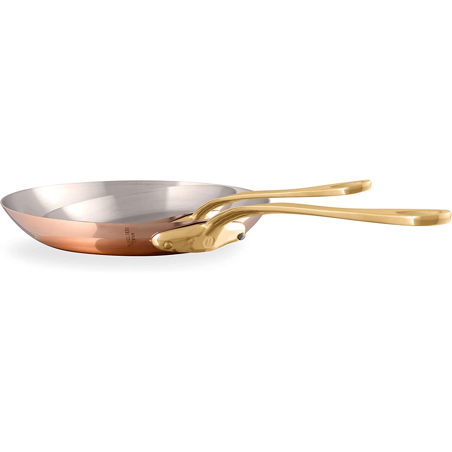 Mauviel M'Heritage M'200 B 2-piece cookware set with brass handles, including frying pans, on a kitchen countertop.