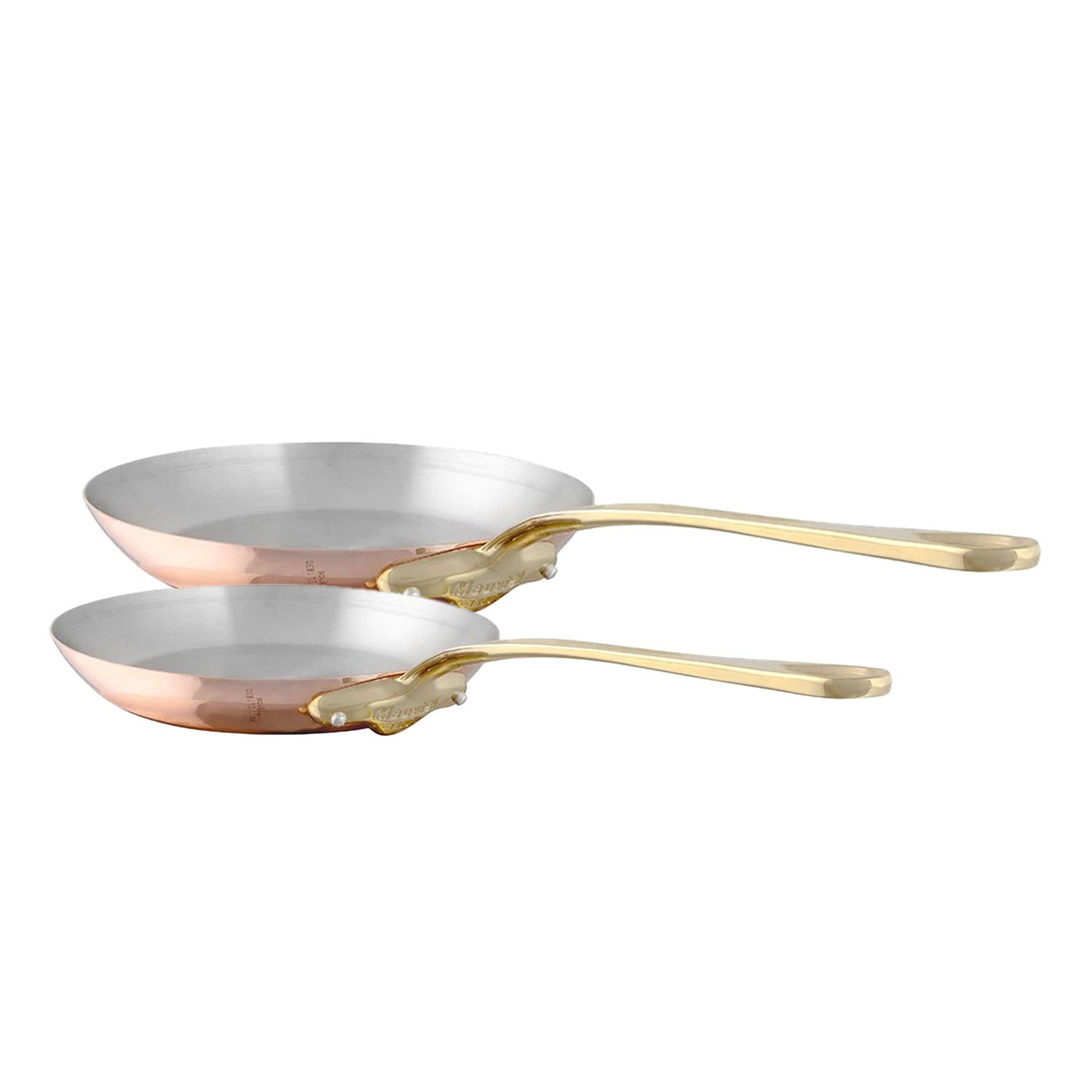 Mauviel M'Heritage 2-piece copper frying pan set with brass handles, showing shiny copper surfaces and sturdy handles.