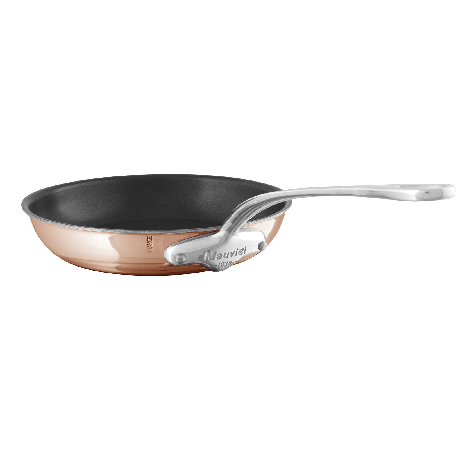 Mauviel M'6 S induction copper nonstick frying pan with cast stainless steel handle, 11.8-inch diameter, smooth cooking surface.
