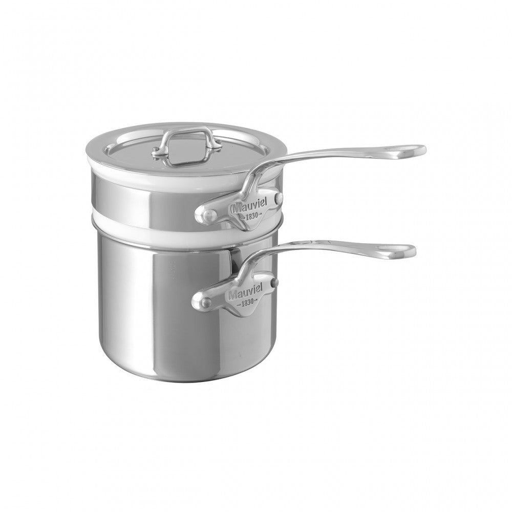 Mauviel stainless steel double boiler with lid and cast stainless steel handle, 0.9-quart capacity, ideal for gentle heating.