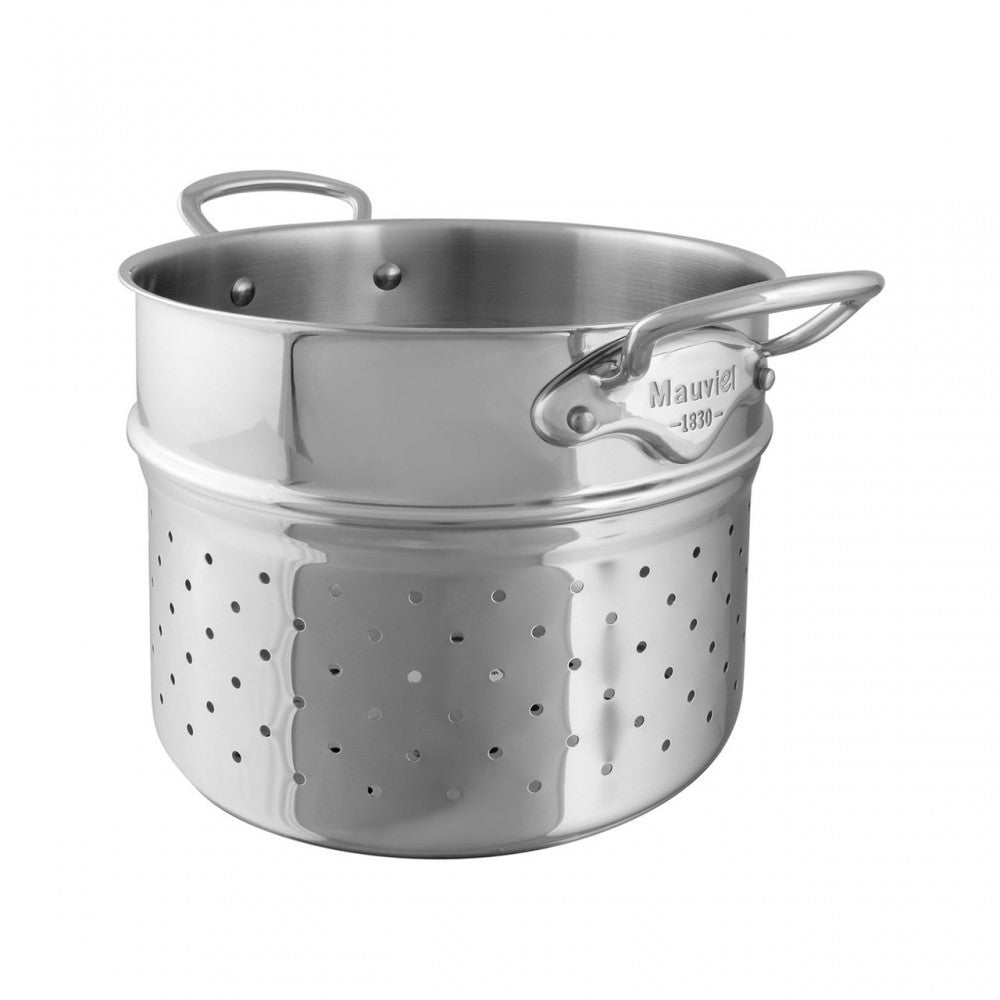 Mauviel 9.4-inch stainless steel pasta insert with cast stainless steel handle for draining pasta.