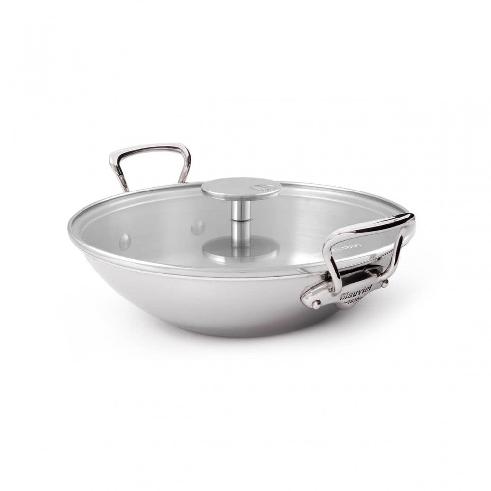 Mauviel M'COOK 5-ply stainless steel wok with two cast handles, 12.6 inches, suitable for versatile cooking.